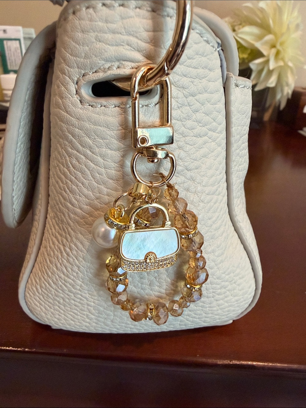 Pearl & Crystal Purse Charm Keychain in Gold and Beige